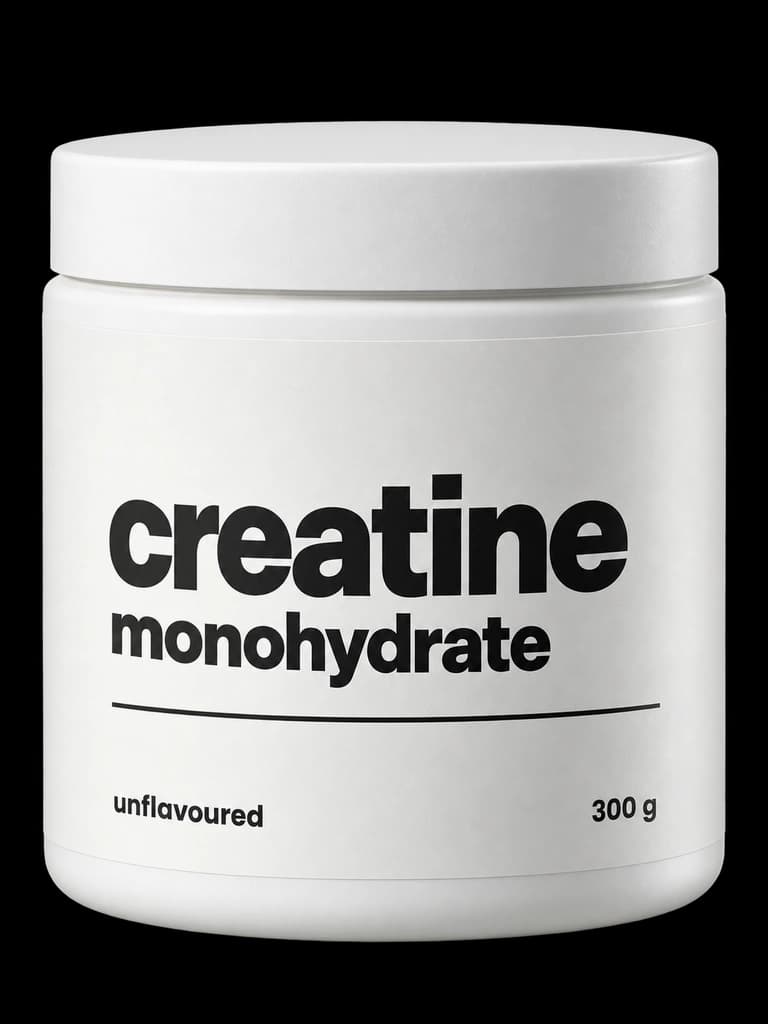 Creatine monohydrate v bílé dóze s černým písmem