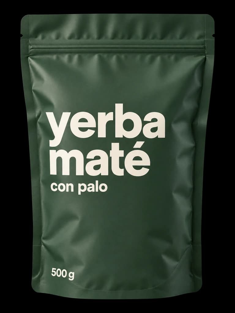 Yerba maté v matném zeleném sáčku s výrazným bílým písmem